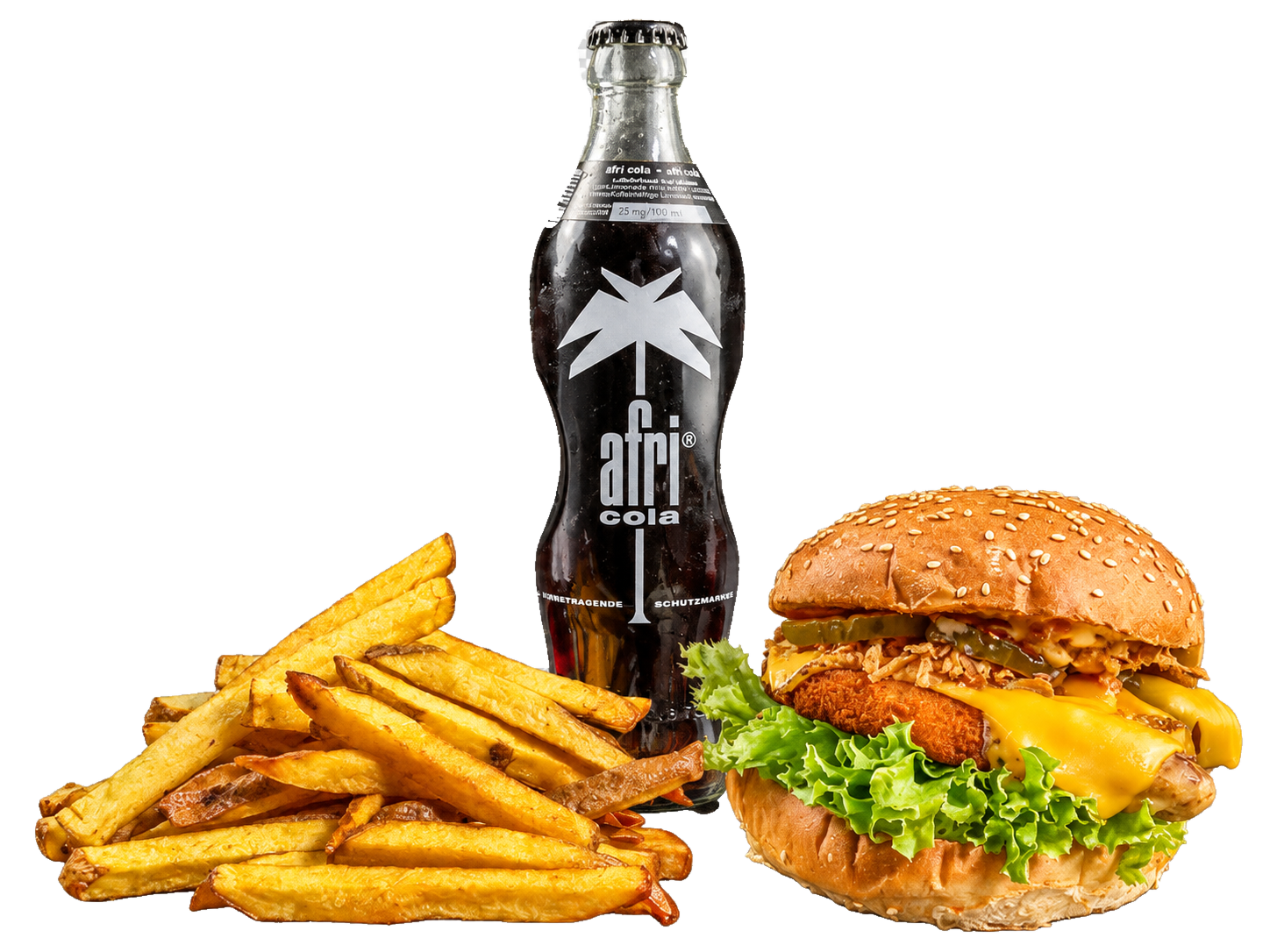 Chickensticksburger Menü mit Pommes und Getränk
