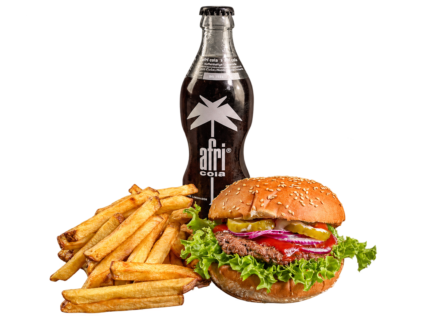 Hamburger Menü mit Pommes und Getränk