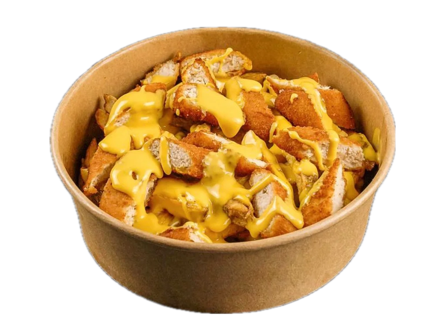 Fritten mit panierten Chicken Sticks und Cheddar-Cheesesauce