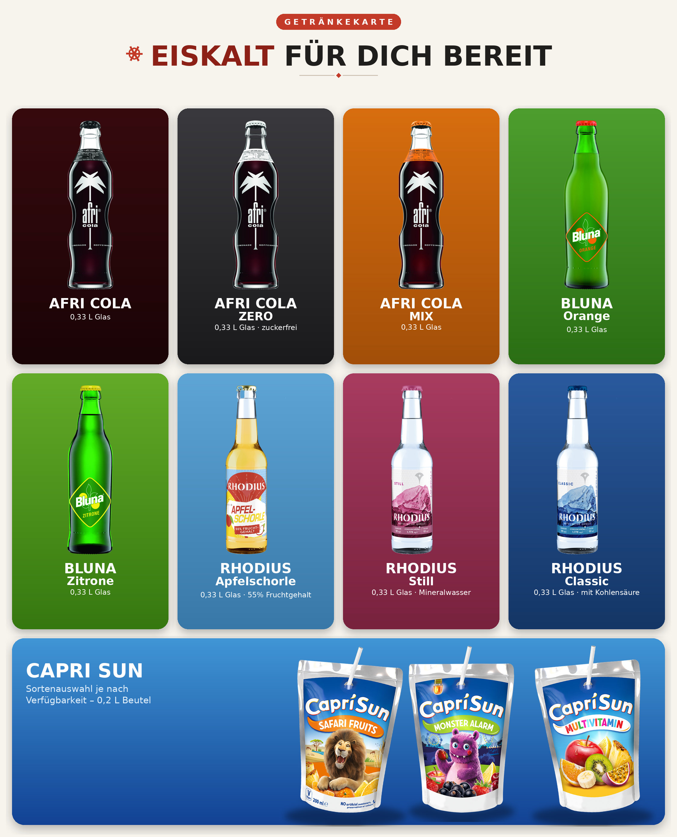 Getränkekarte von 3H's: afri cola, afri cola Zero, afri cola Mix, Bluna Orange, Bluna Zitrone, Rhodius Apfelschorle, Rhodius Still, Rhodius Classic und Capri-Sun