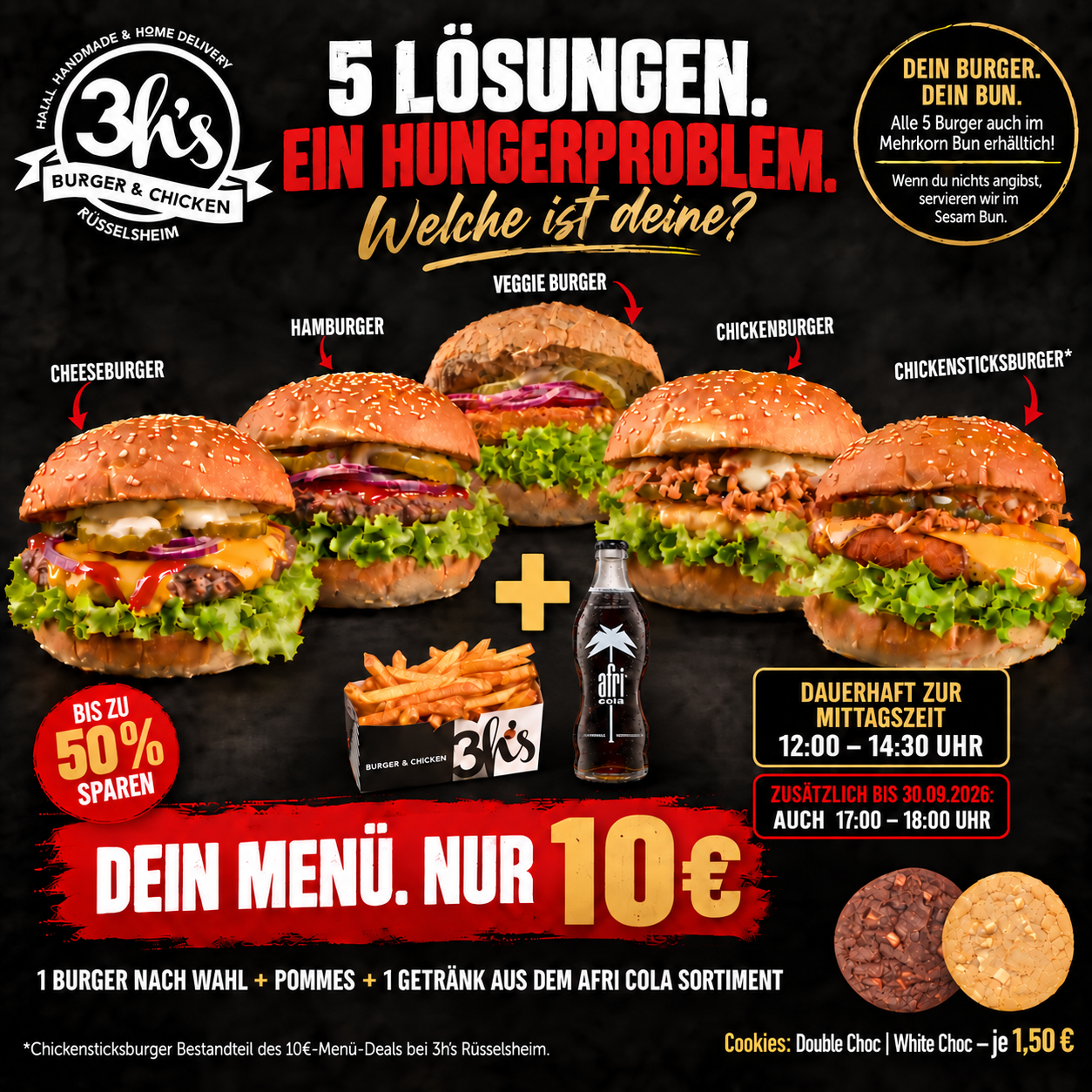 Mittagsangebot von 3H's: Cheeseburger, Hamburger, Veggie Burger, Chickenburger oder Chickensticksburger – jeweils mit Pommes und einem Getränk für 10 €